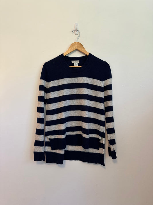 Oats Cashmere Striped Sweater in Navy Blue and Gray | Size Small