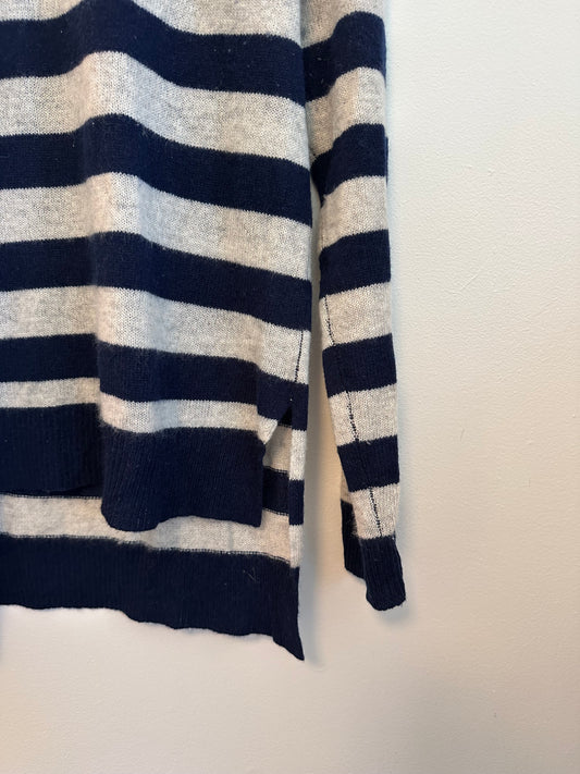 Oats Cashmere Striped Sweater in Navy Blue and Gray | Size Small