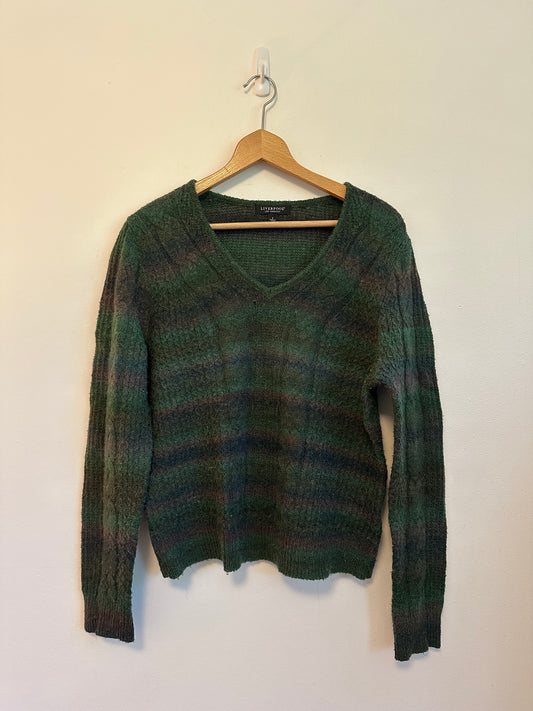 Liverpool Los Angeles Green Blue Ombre V-Neck Cable Knit Sweater | Size Small