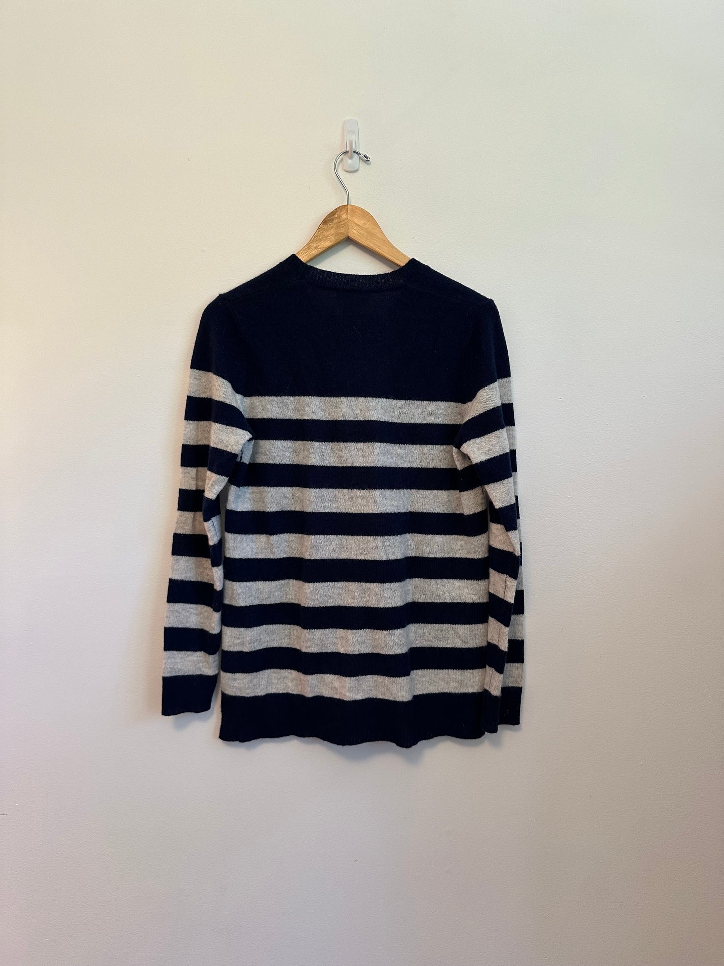 Oats Cashmere Striped Sweater in Navy Blue and Gray | Size Small