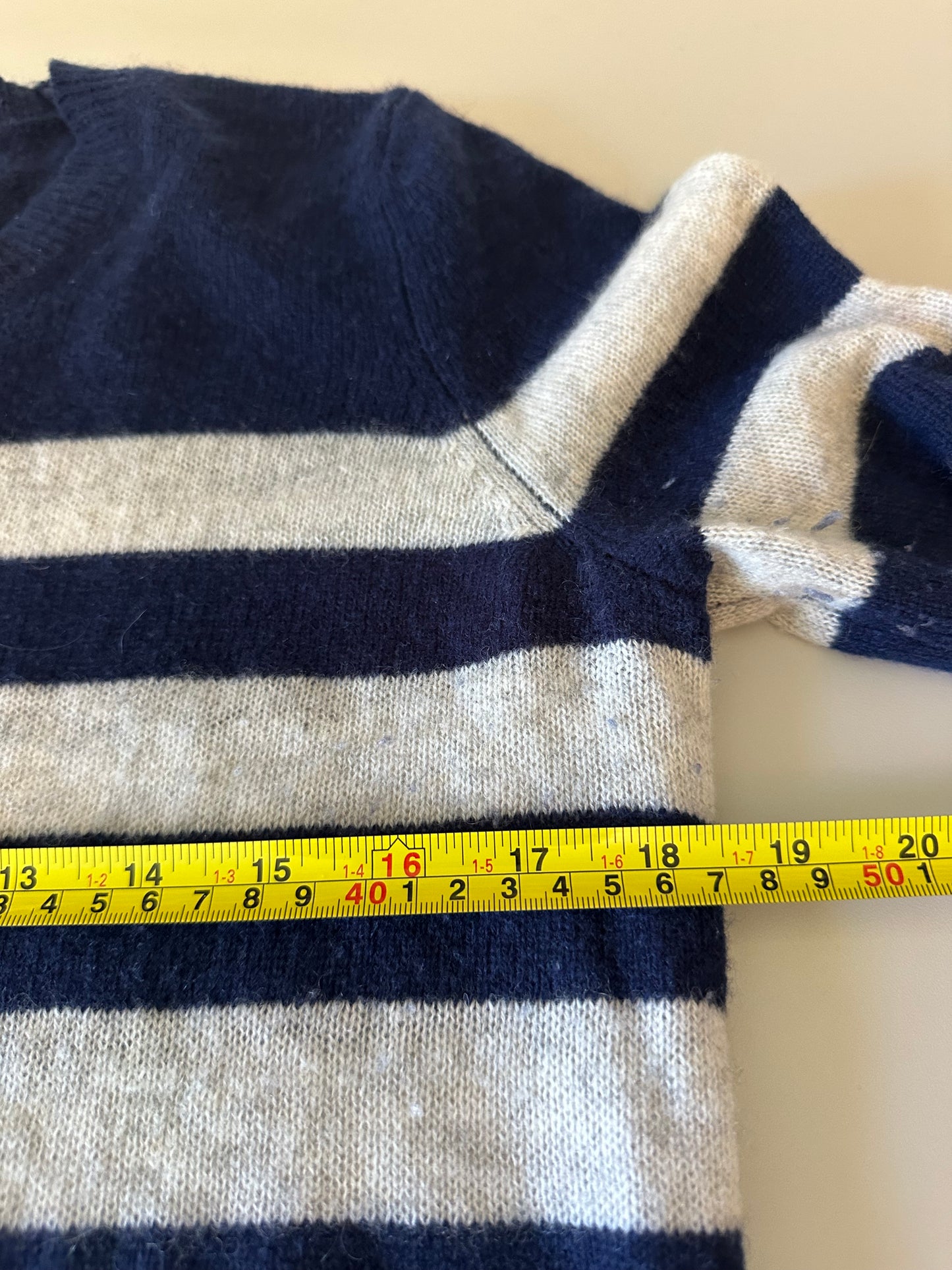 Oats Cashmere Striped Sweater in Navy Blue and Gray | Size Small