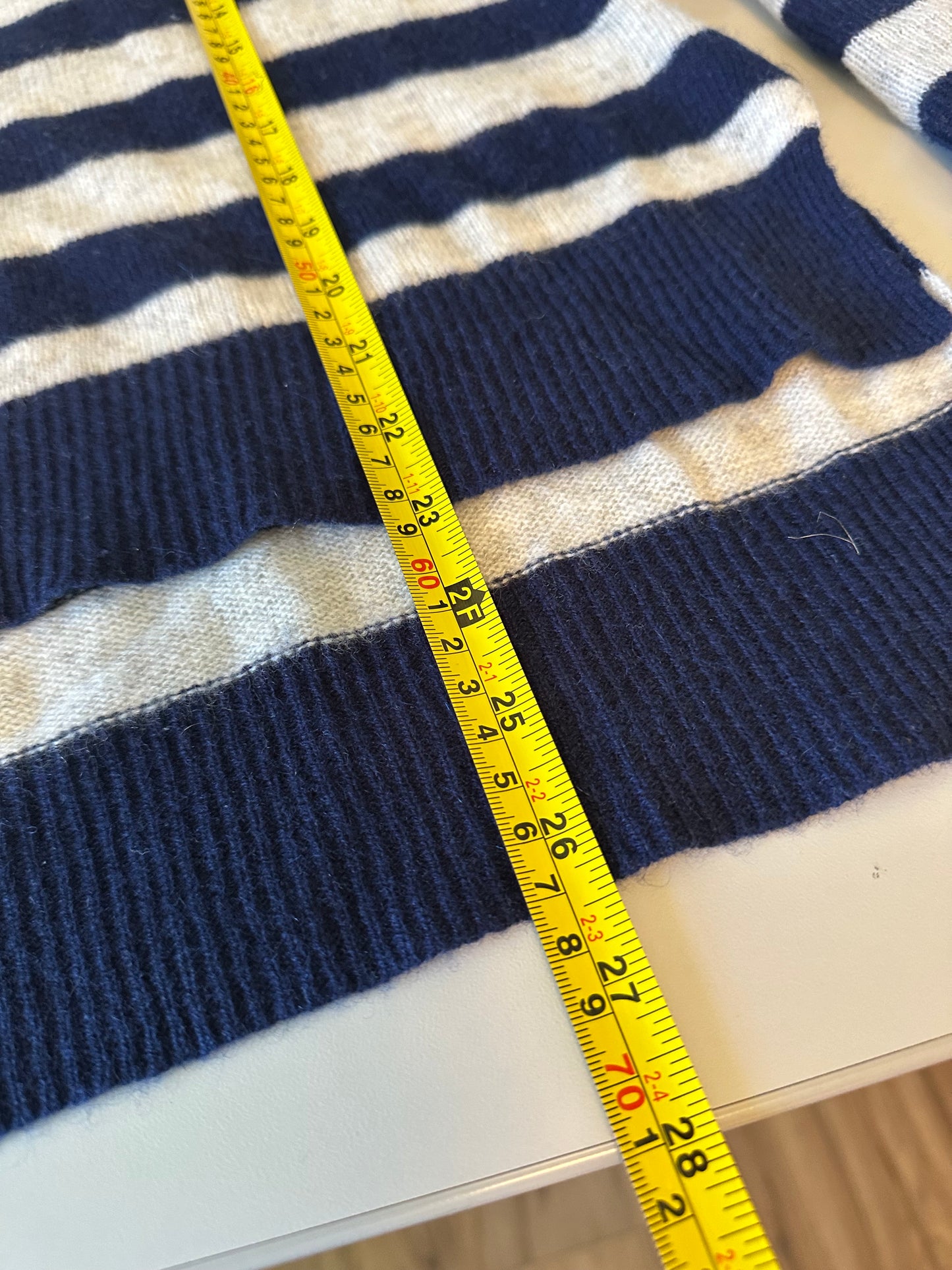 Oats Cashmere Striped Sweater in Navy Blue and Gray | Size Small