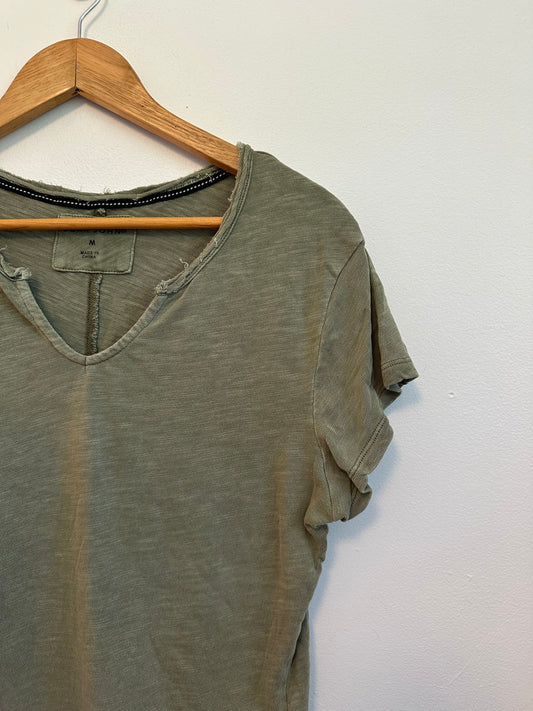 Dear John Anaya Notch Neck Slub Short Sleeve T-Shirt in Olive Green | Size Small