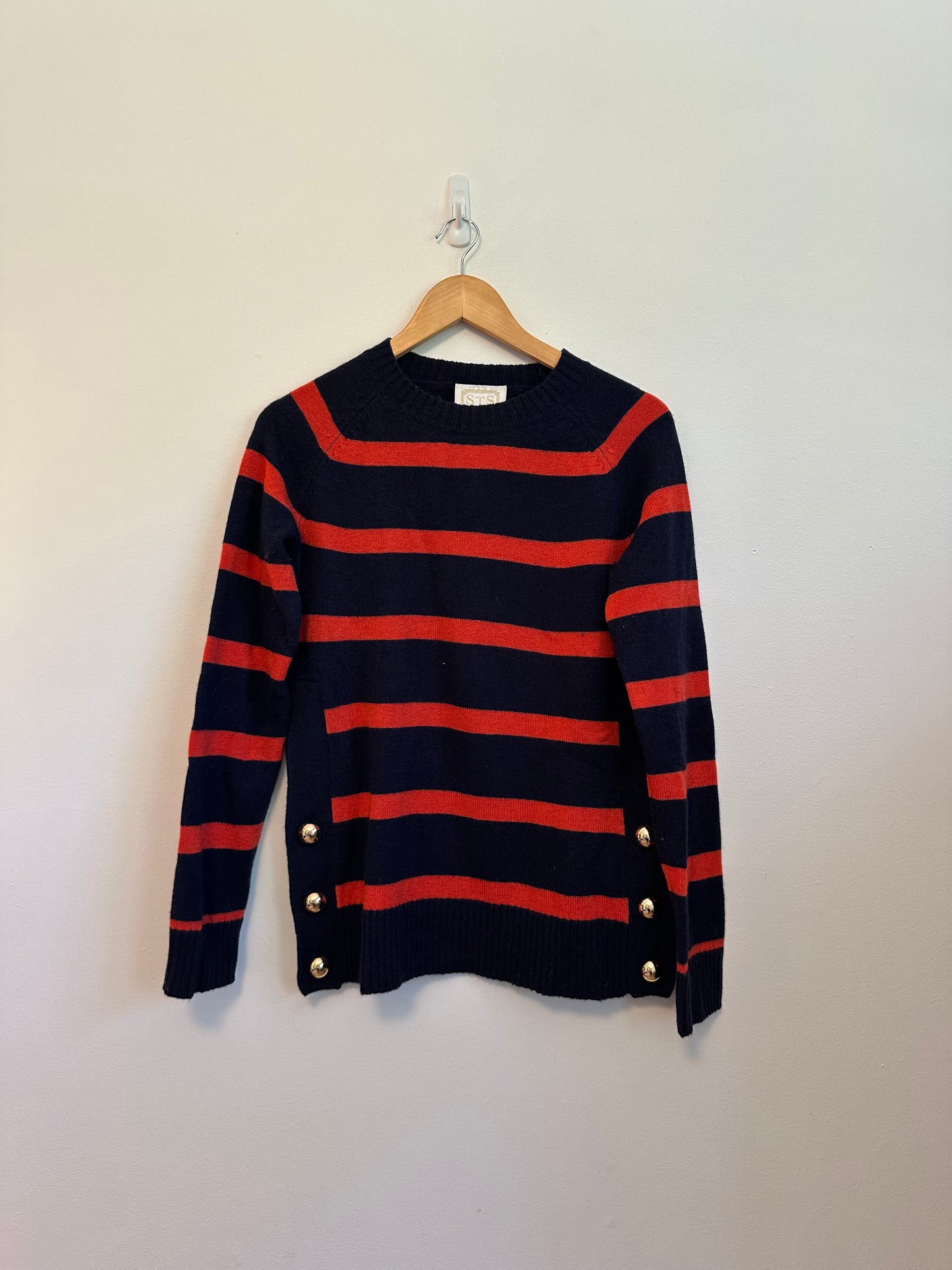 Sail to Sable Cashmere Blend Navy and Red Stripe Side Button Sweater | Small