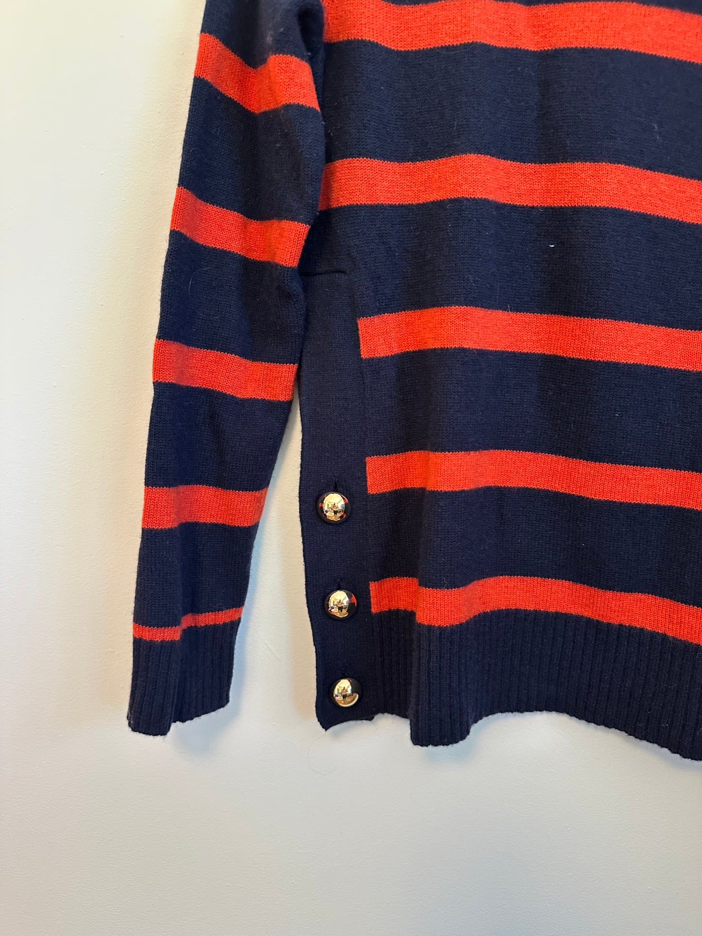 Sail to Sable Cashmere Blend Navy and Red Stripe Side Button Sweater | Small