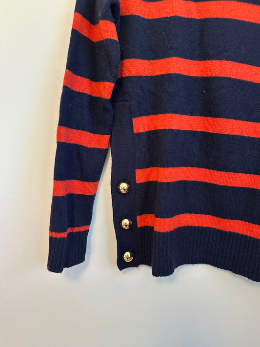 Sail to Sable Cashmere Blend Navy and Red Stripe Side Button Sweater | Small