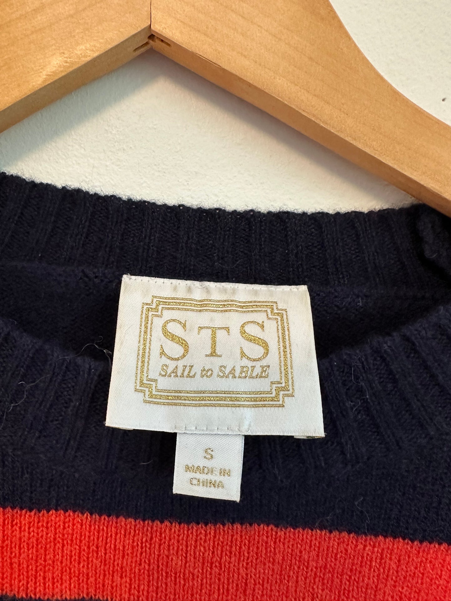Sail to Sable Cashmere Blend Navy and Red Stripe Side Button Sweater | Small