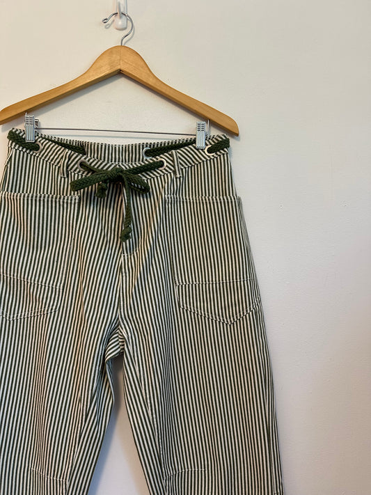 Madepants Originals Cotton Hickory Stripe Drawstring Pants in Green and White | Size Large