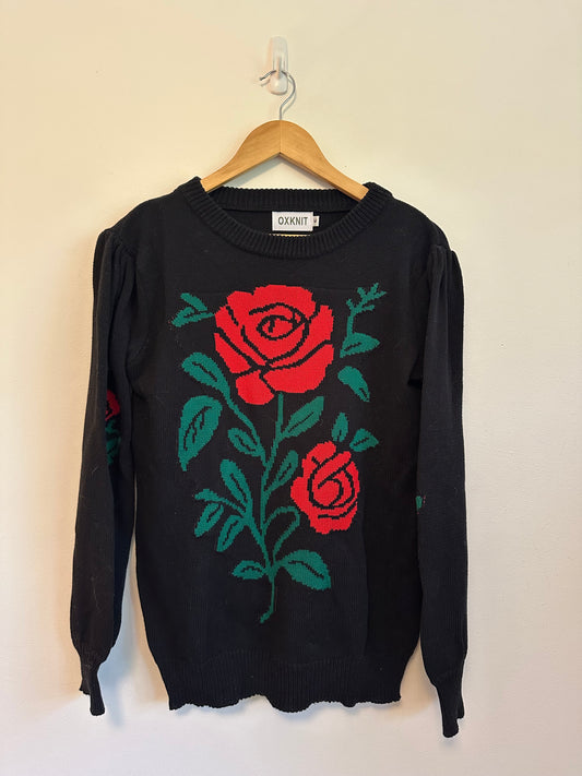 OXKNIT Black Rose Intarsia Puff Sleeve Cotton Sweater | Size Medium
