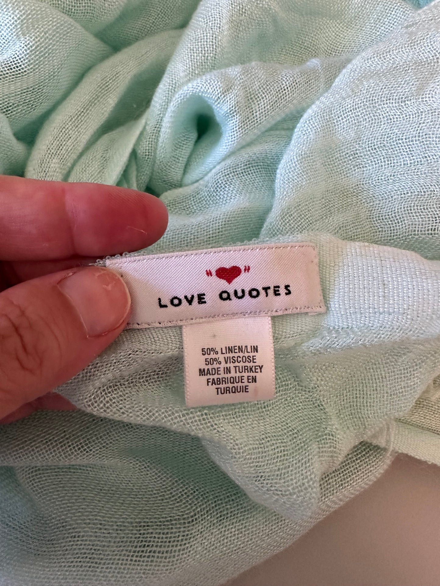 Love Quotes Mint Green Linen Blend Lightweight Fringe Scarf Wrap