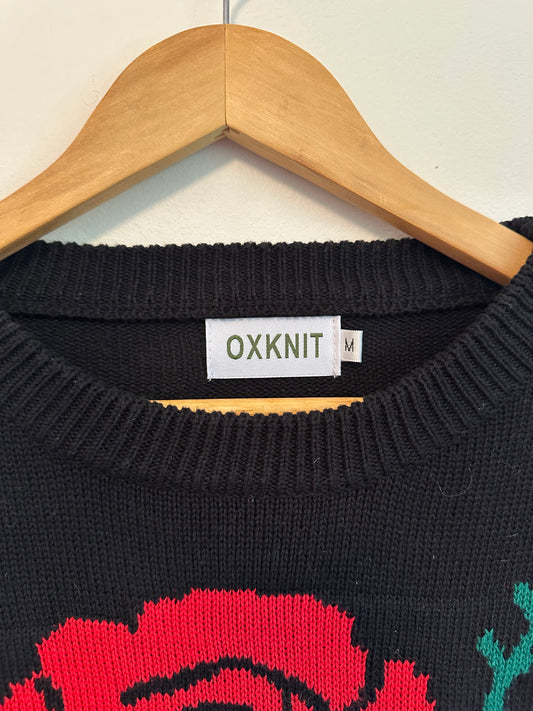 OXKNIT Black Rose Intarsia Puff Sleeve Cotton Sweater | Size Medium