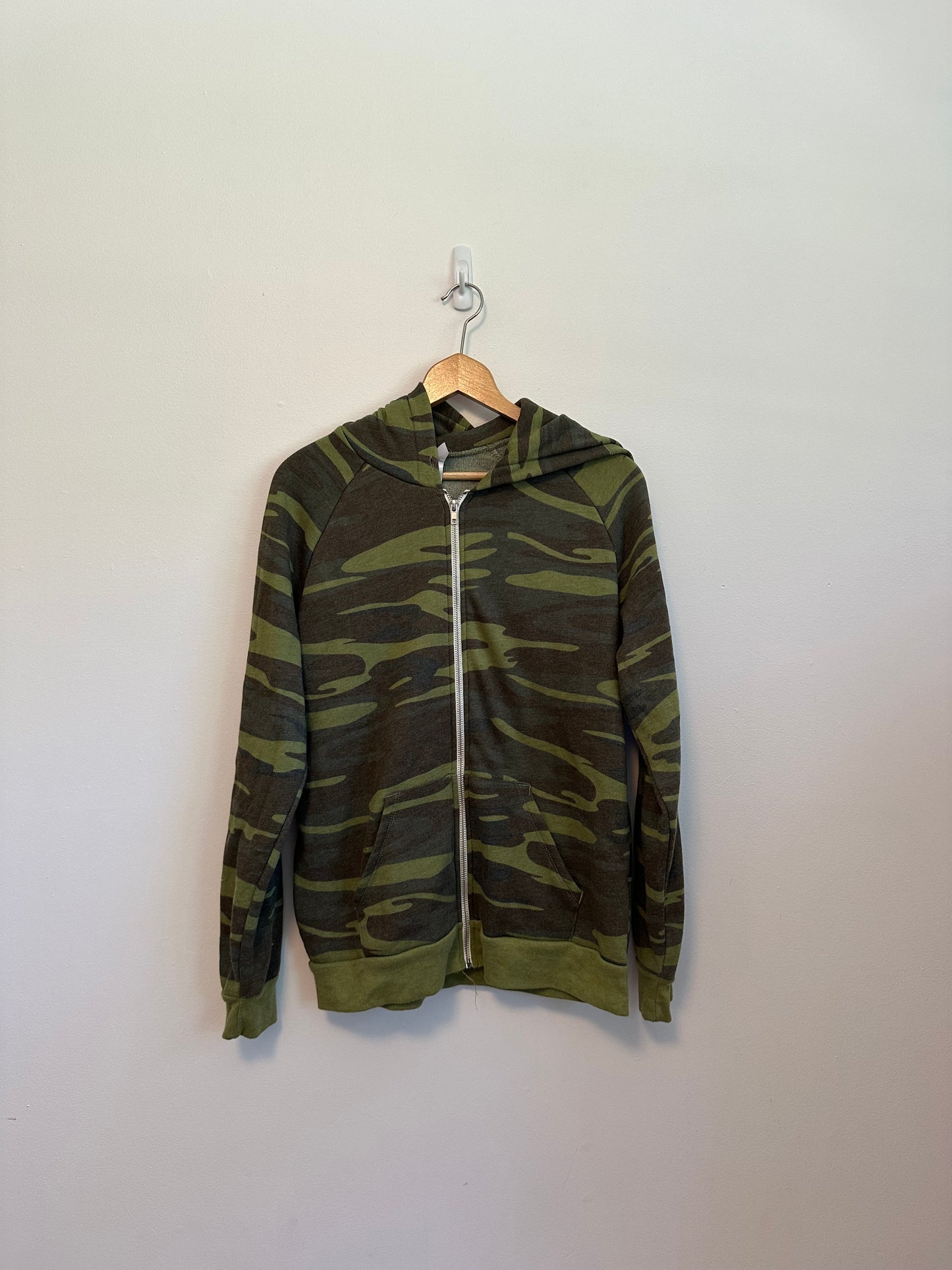 Alternative Apparel Olive Green Camouflage Raglan Fleece Zip Up Hoodie | Size Large