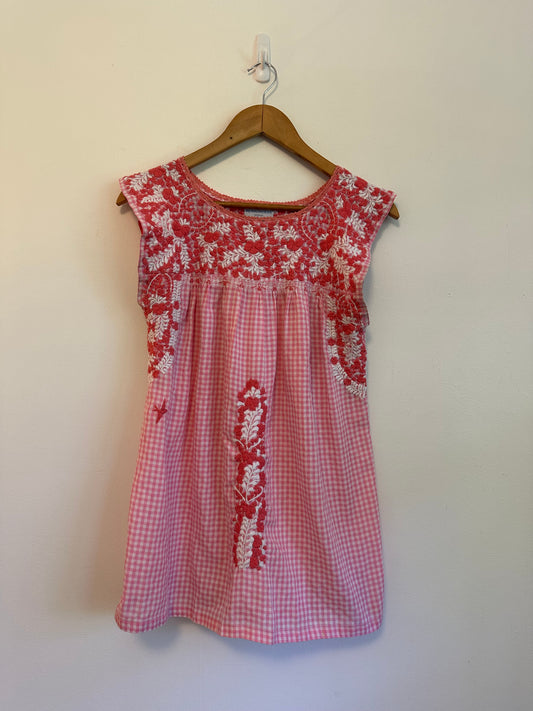 Mi Golondrina Pink Gingham Hand Embroidered Floral Sleeveless Top | Size Small