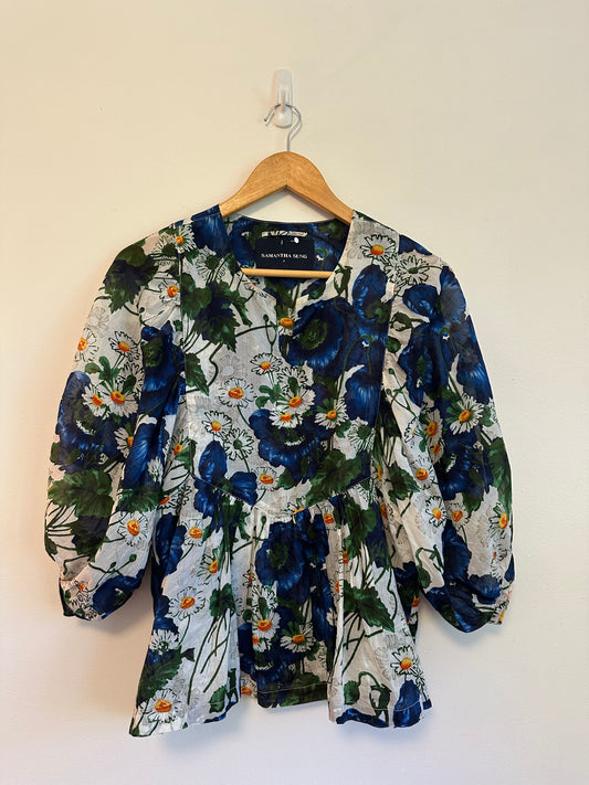 Samantha Sung Blue Poppy Daisy Floral Cotton Puff Sleeve Peplum Blouse | Size 4