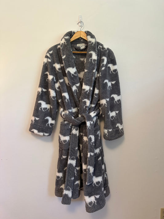 PJ Salvage Gray White Horse Print Plush Fleece Shawl Collar Robe | Size Small