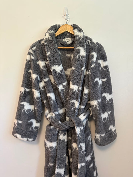 PJ Salvage Gray White Horse Print Plush Fleece Shawl Collar Robe | Size Small