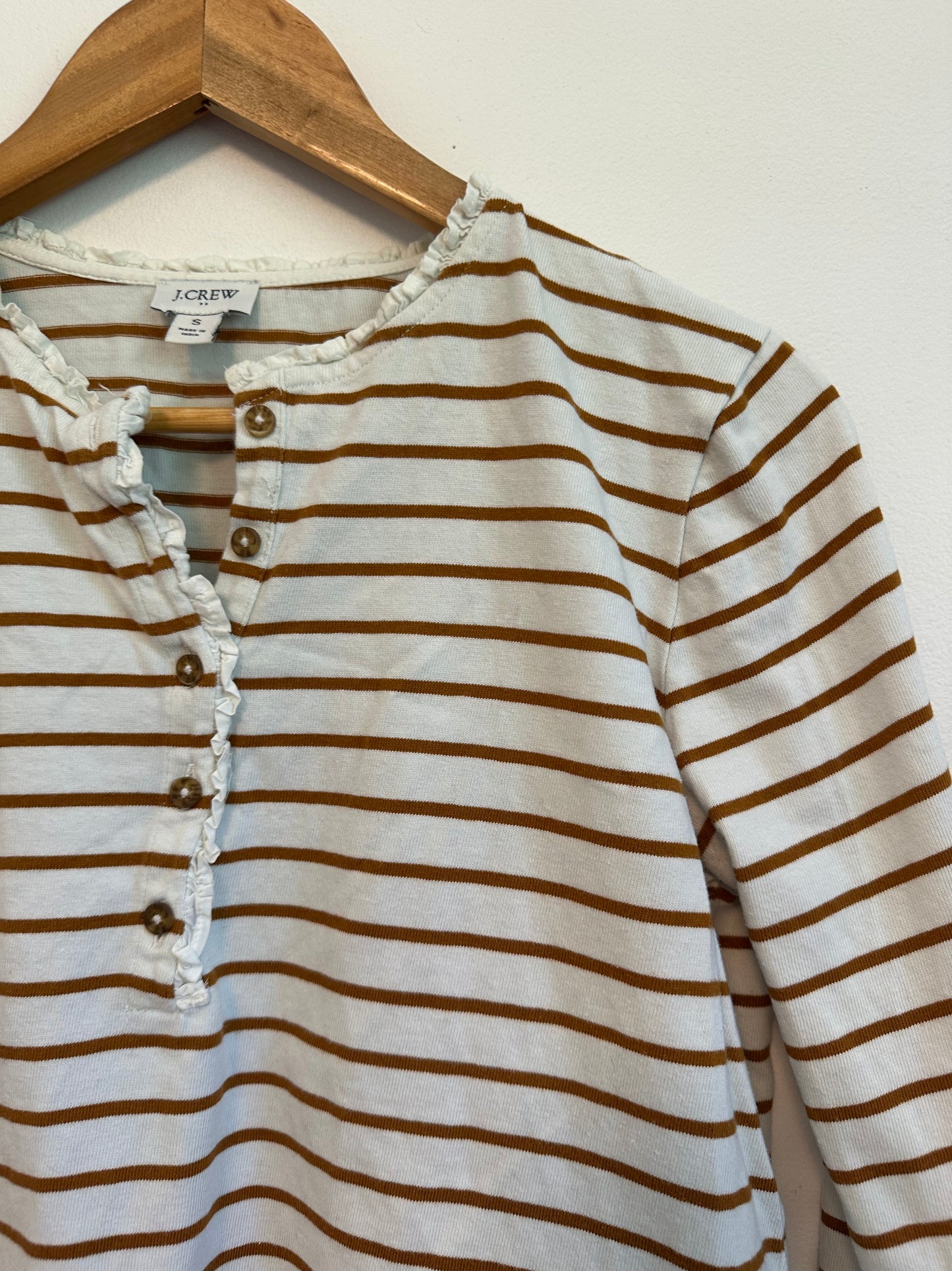 J.Crew Striped Ruffle-Collar Henley Long Sleeve T-Shirt | Size Small