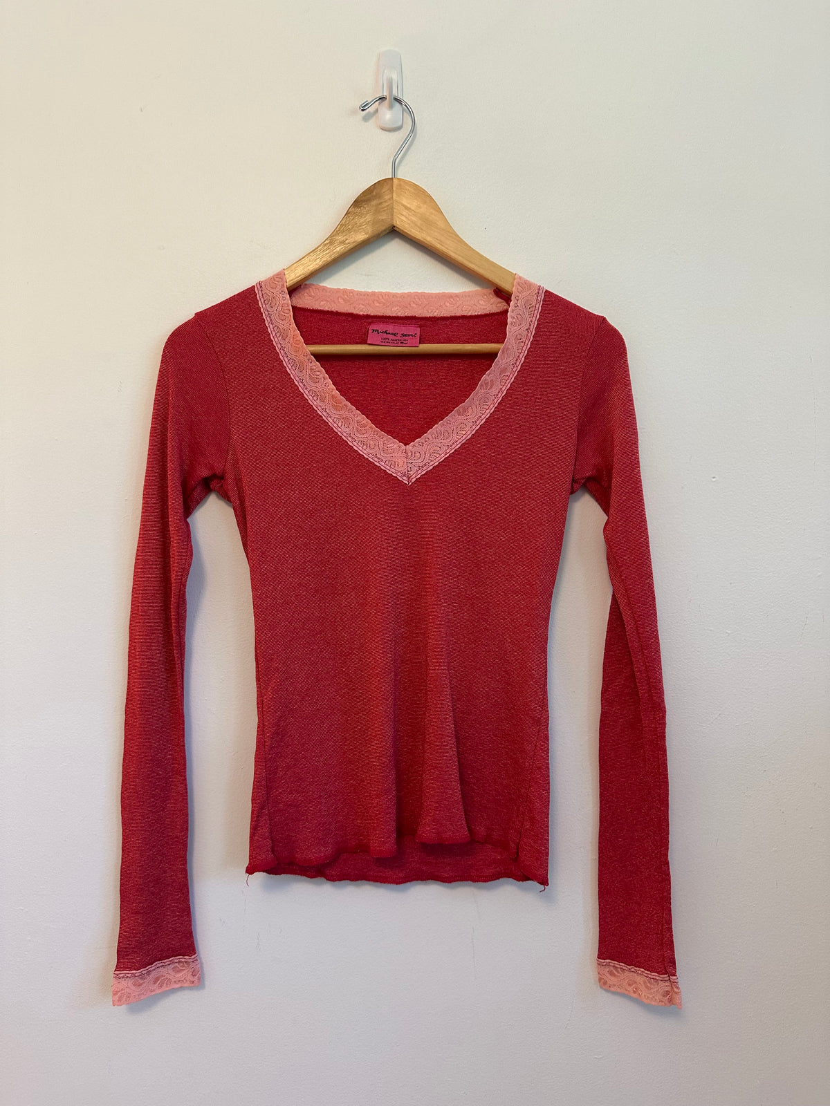 Michael Stars Red and Pink Lace Trim V-Neck Long Sleeve Top