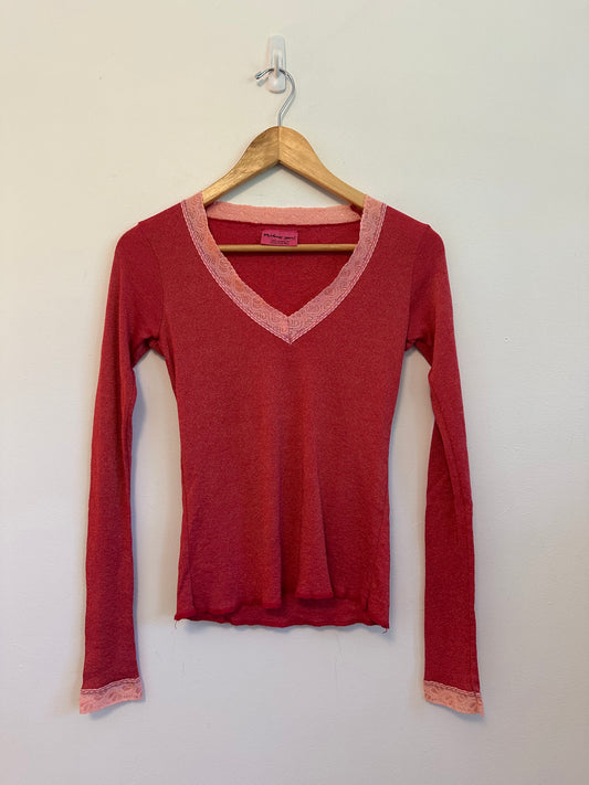 Michael Stars Red and Pink Lace Trim V-Neck Long Sleeve Top