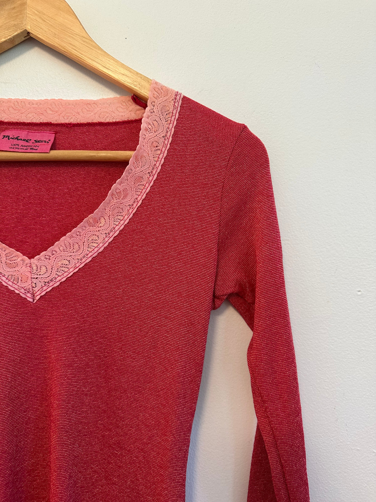 Michael Stars Red and Pink Lace Trim V-Neck Long Sleeve Top