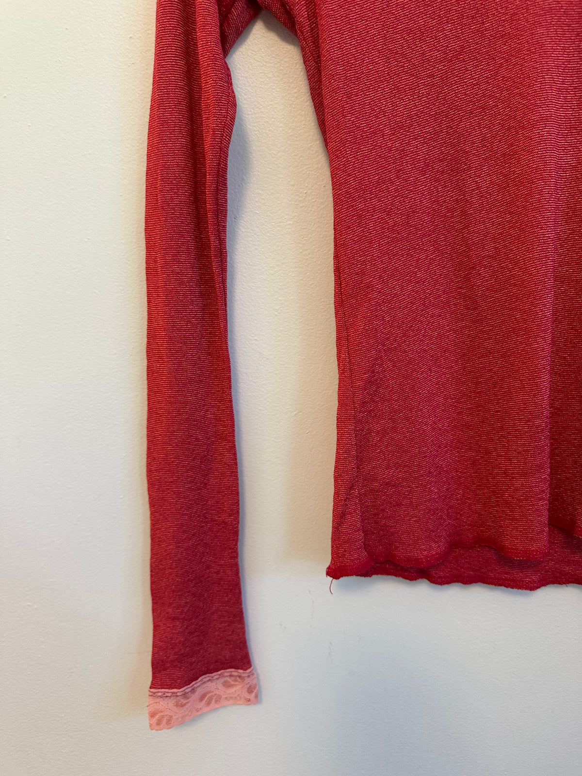Michael Stars Red and Pink Lace Trim V-Neck Long Sleeve Top