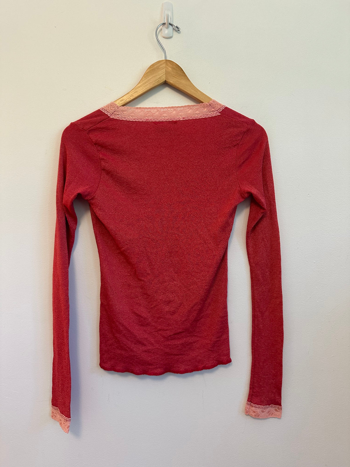 Michael Stars Red and Pink Lace Trim V-Neck Long Sleeve Top
