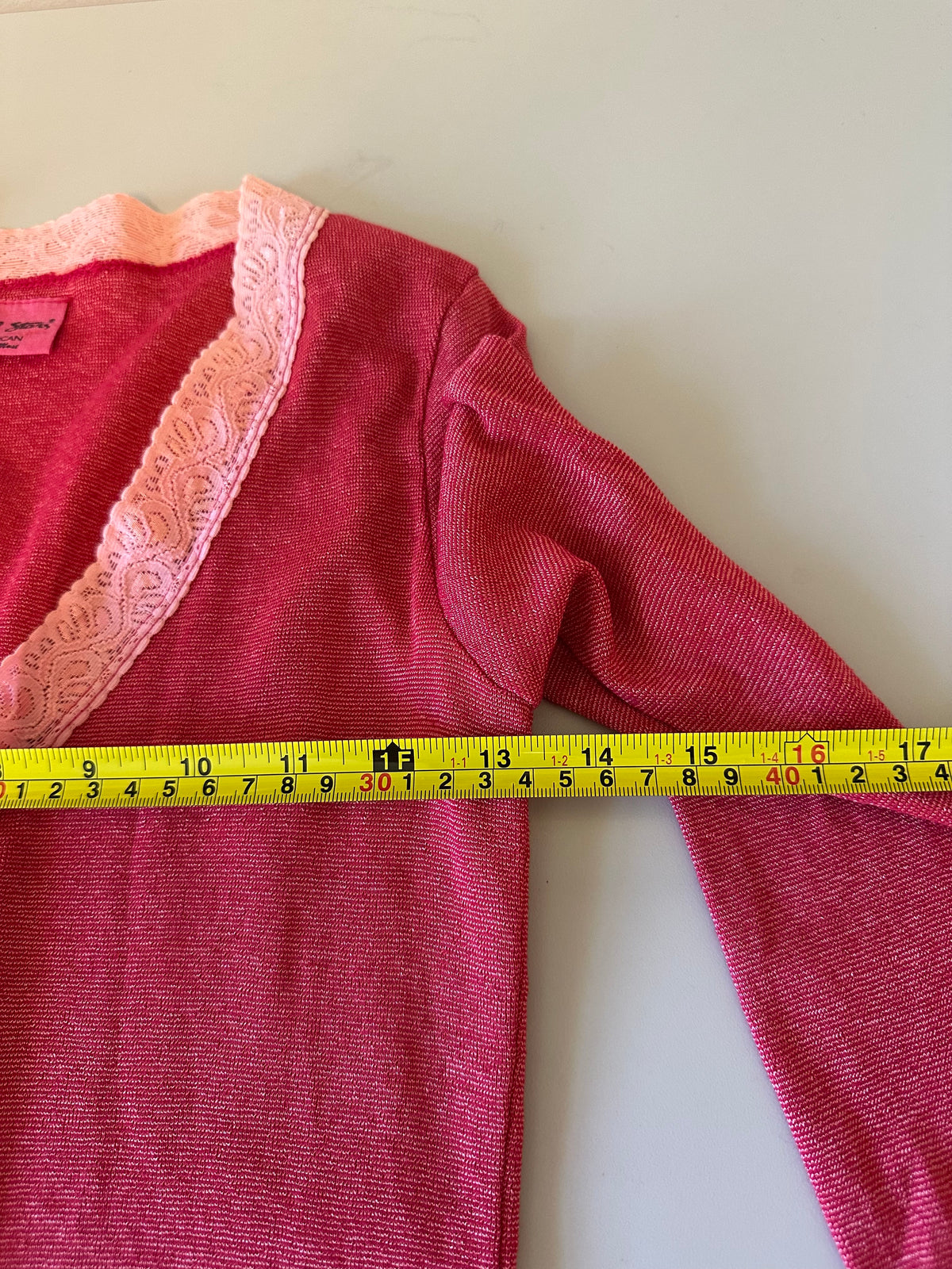 Michael Stars Red and Pink Lace Trim V-Neck Long Sleeve Top