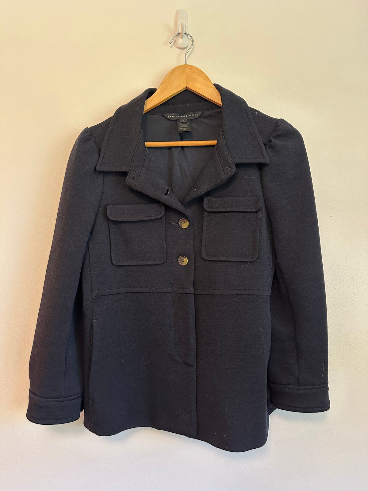 Marc by Marc Jacobs Navy Blue Wool Puff Shoulder Belted Jacket | Size Medium