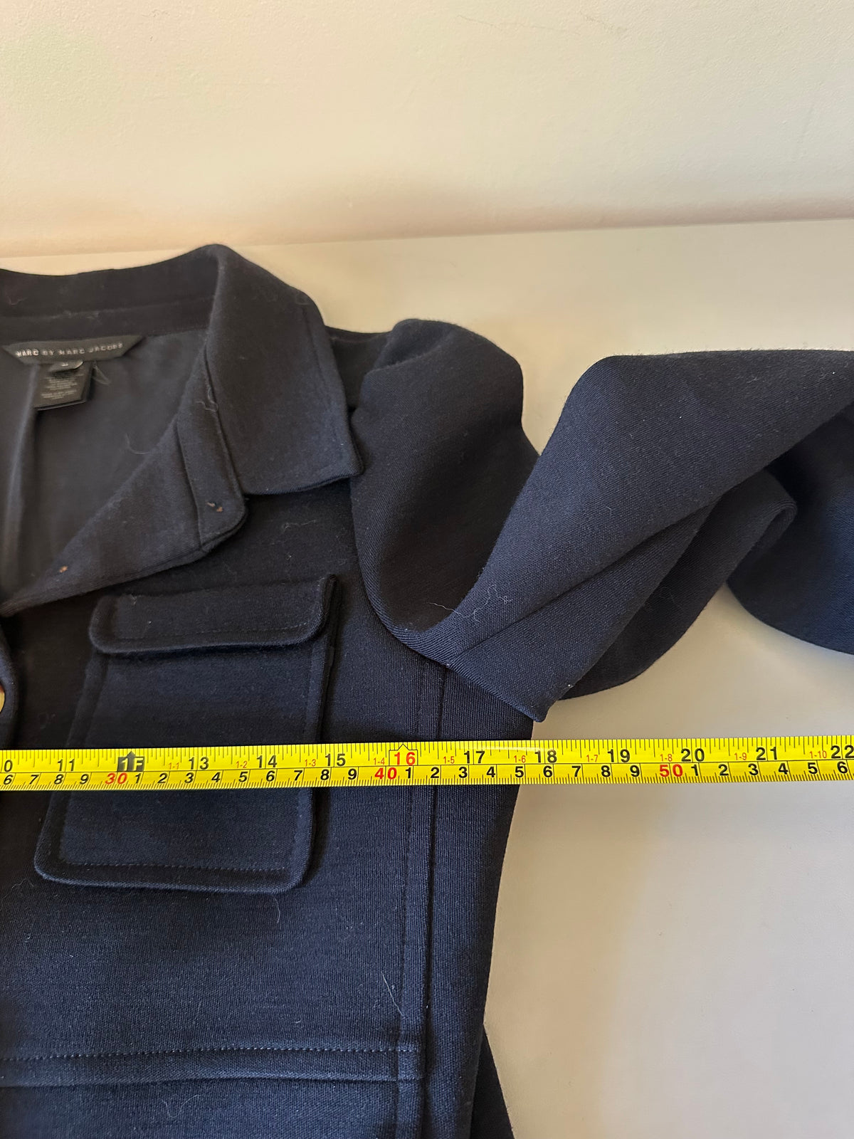 Marc by Marc Jacobs Navy Blue Wool Puff Shoulder Belted Jacket | Size Medium
