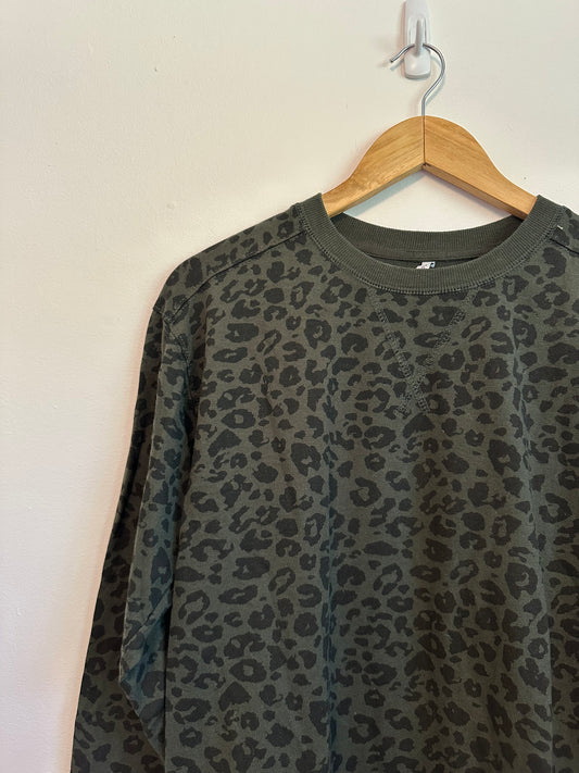 Z Supply Leopard Print Olive Green Pullover Crewneck Sweatshirt | Size Small