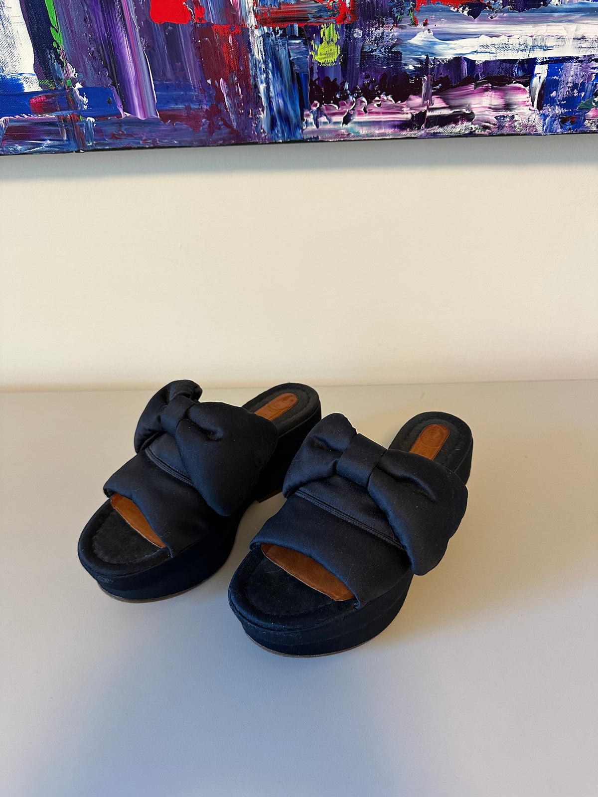 Chie Mihara Black Satin Bow Platform Slides | Size 36