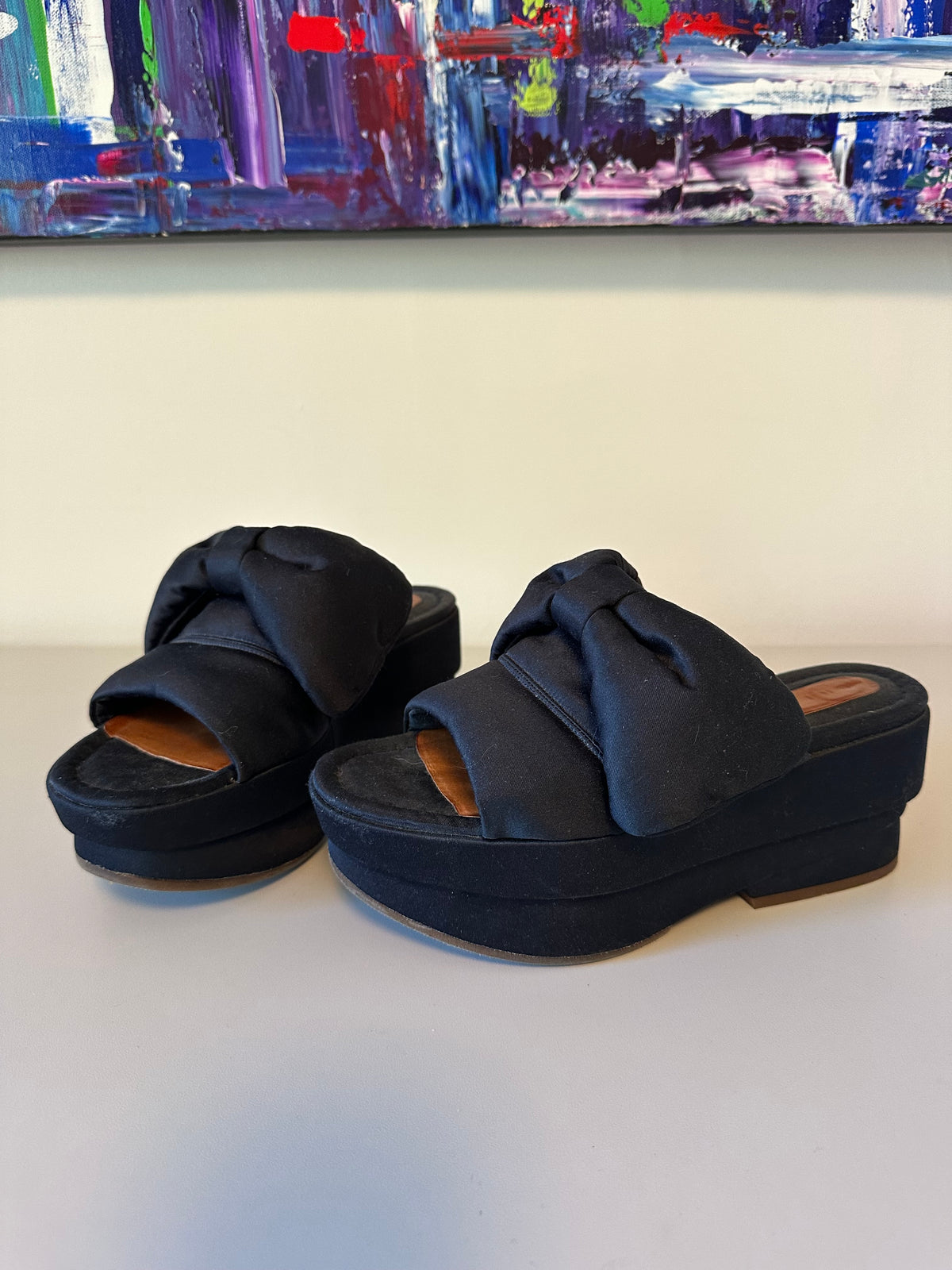 Chie Mihara Black Satin Bow Platform Slides | Size 36