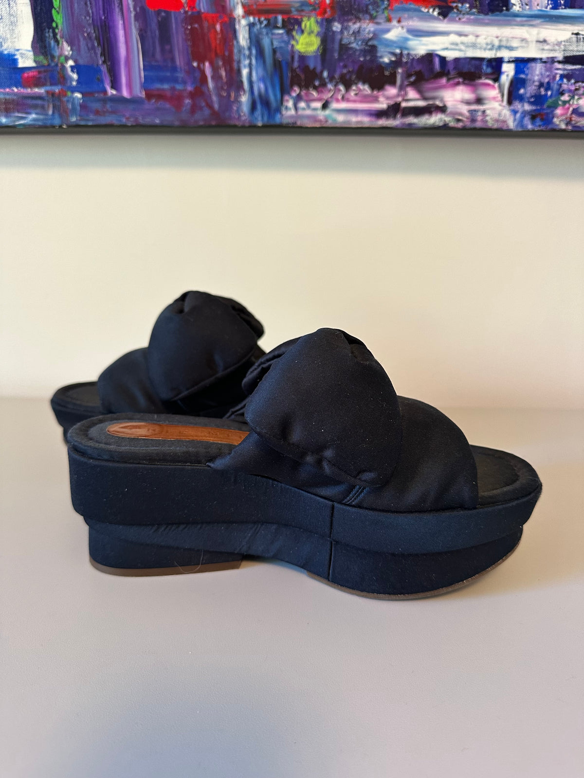 Chie Mihara Black Satin Bow Platform Slides | Size 36