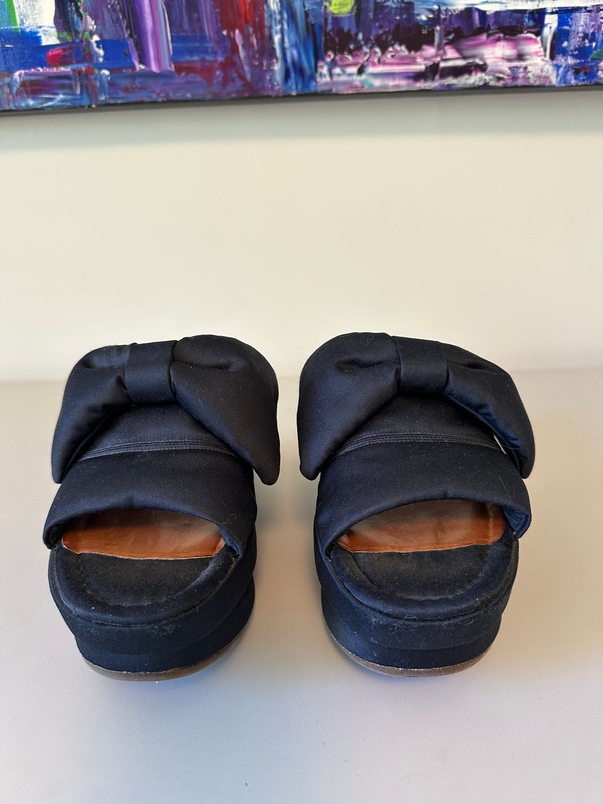 Chie Mihara Black Satin Bow Platform Slides | Size 36