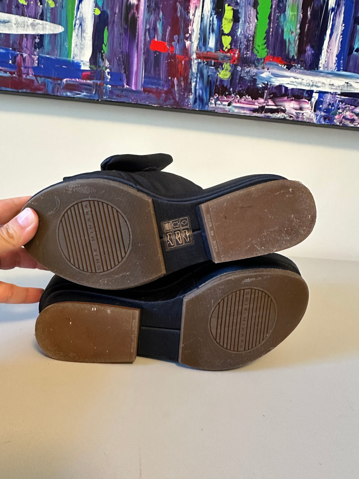 Chie Mihara Black Satin Bow Platform Slides | Size 36