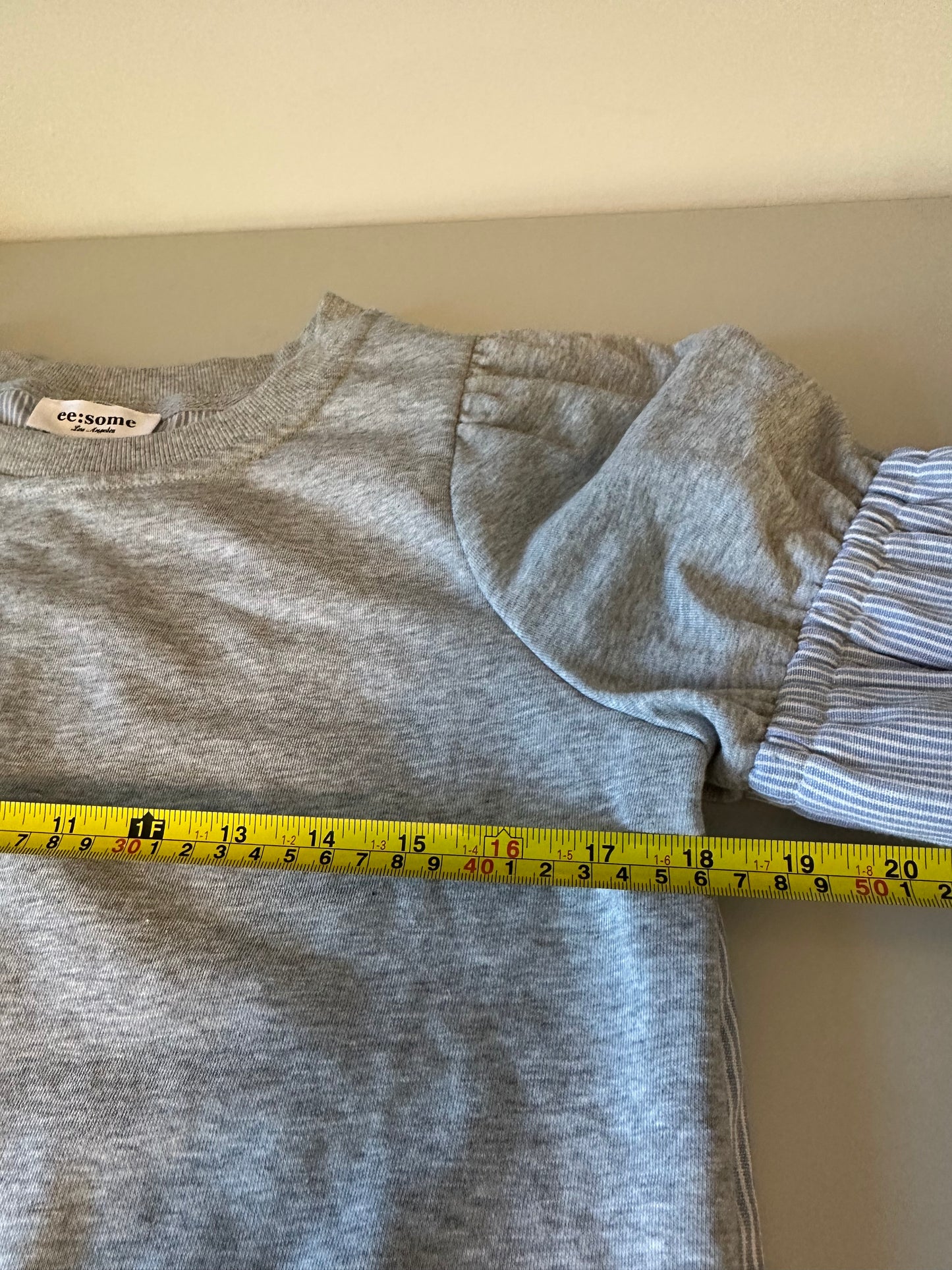 ee:some Mixed Media Puff Sleeve Button Back Top in Grey Blue Striped | Size Medium