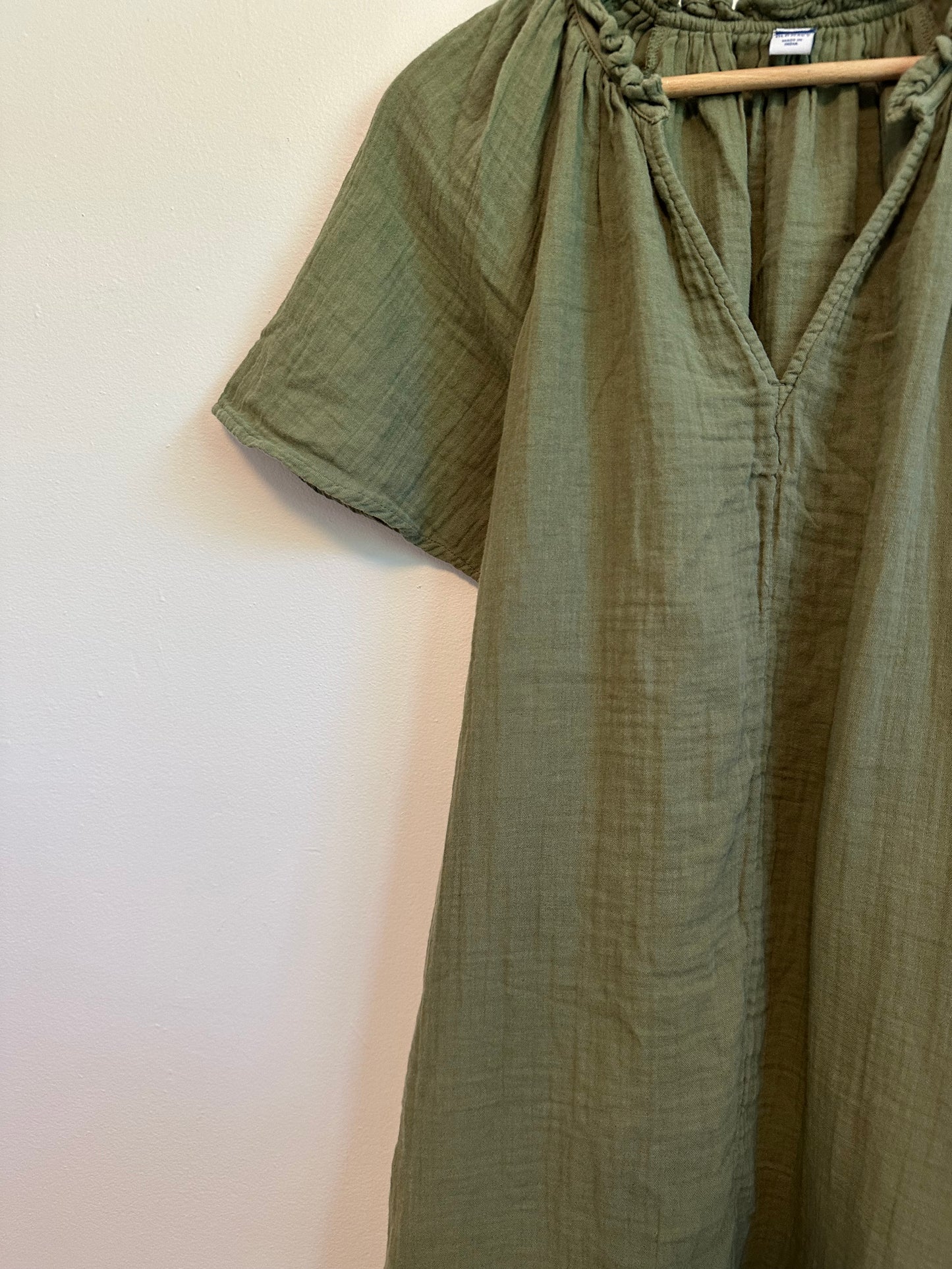 Old Navy Olive Green Cotton Gauze Ruffle Neck Shift Dress | Size Small