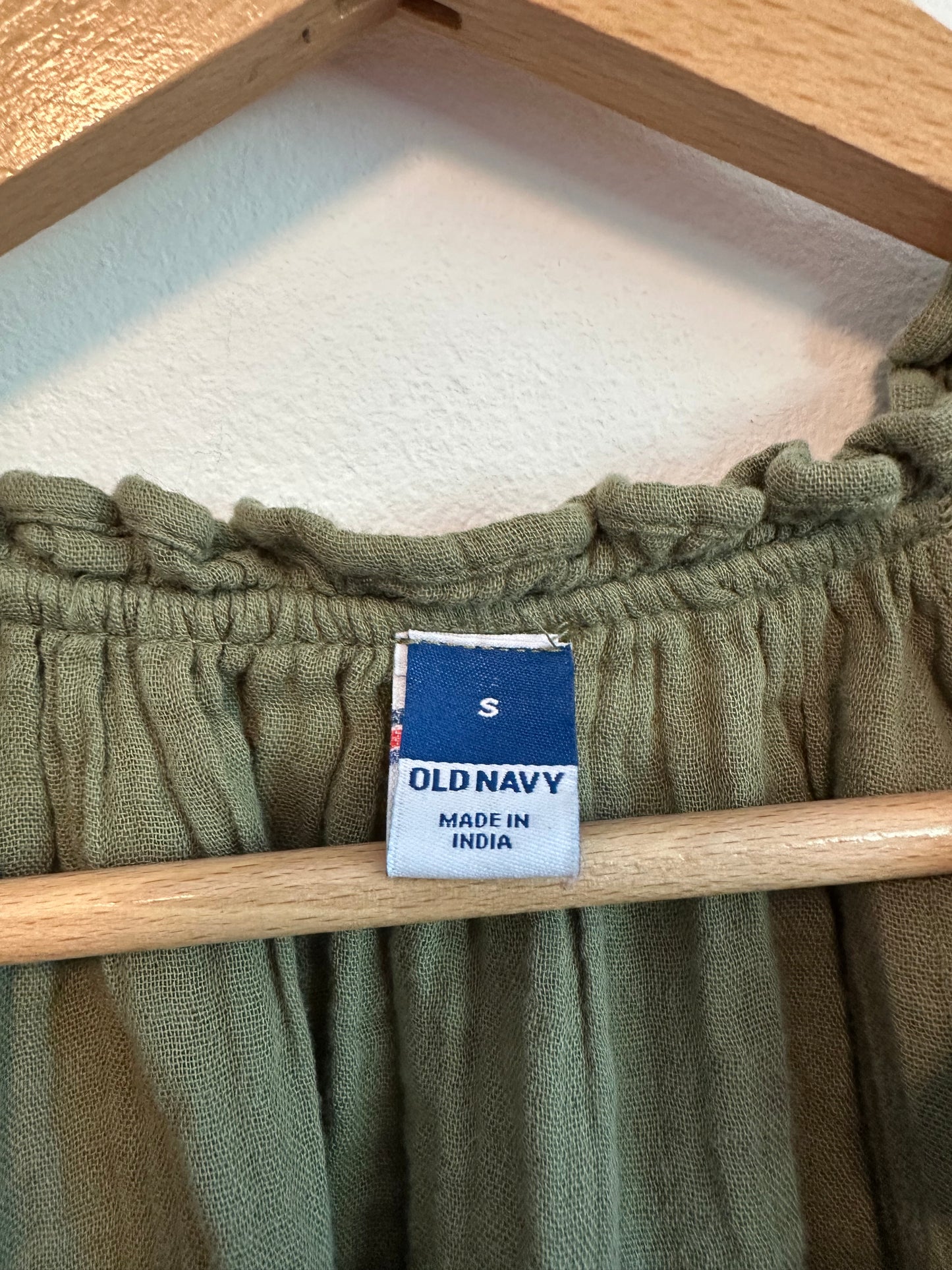 Old Navy Olive Green Cotton Gauze Ruffle Neck Shift Dress | Size Small