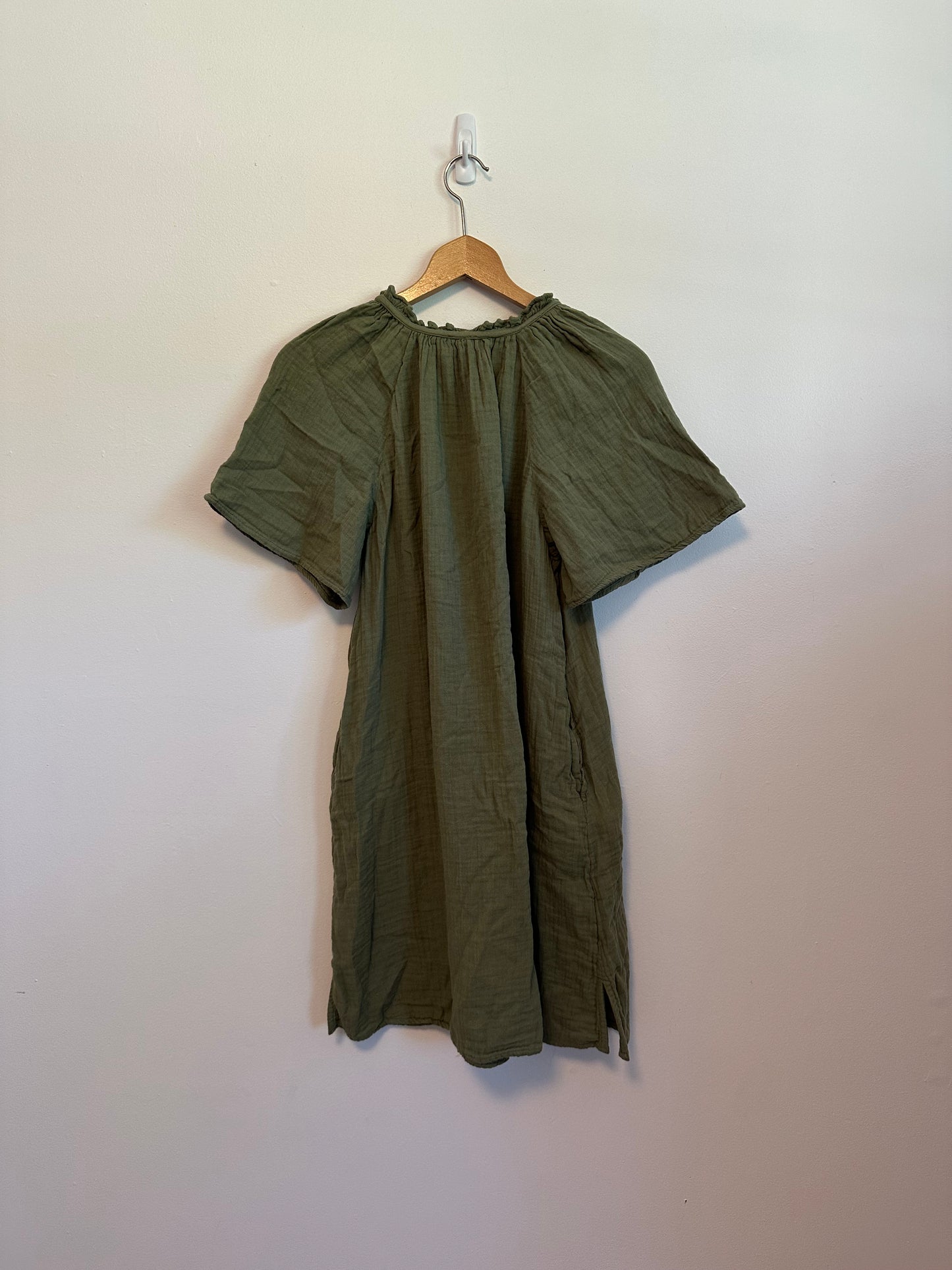 Old Navy Olive Green Cotton Gauze Ruffle Neck Shift Dress | Size Small