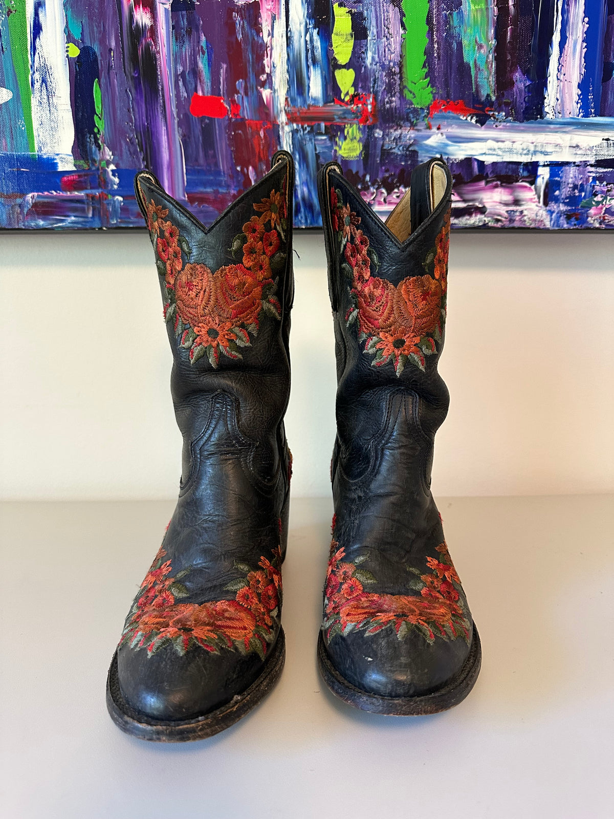 Old Gringo Yippee Ki Yay Black Leather Floral Embroidered Cowboy Boots | Size 6