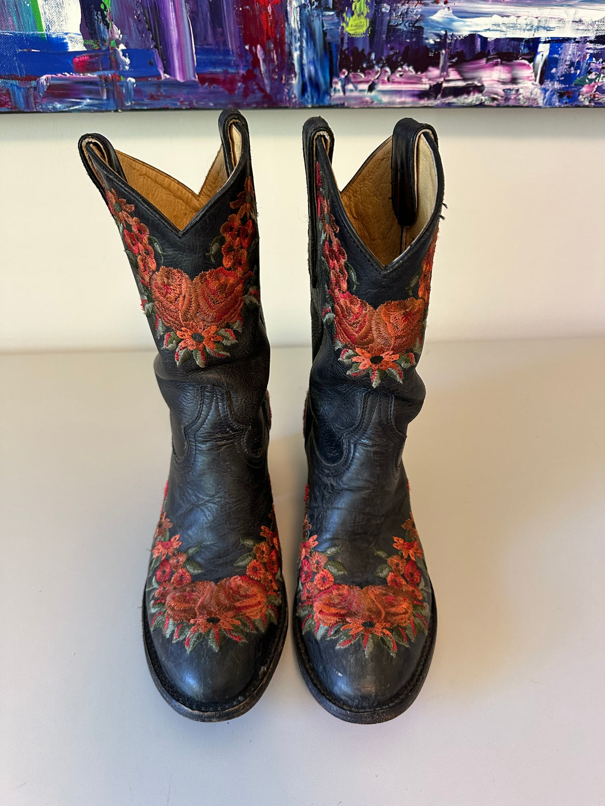 Old Gringo Yippee Ki Yay Black Leather Floral Embroidered Cowboy Boots | Size 6