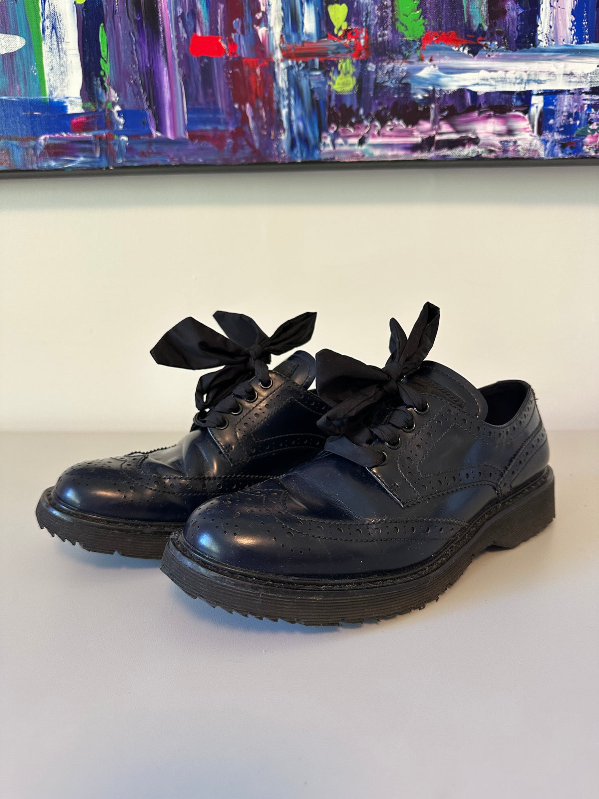 Prada Navy Blue Spazzolato Leather Ribbon Lace Wingtip Brogues | Size 37.5