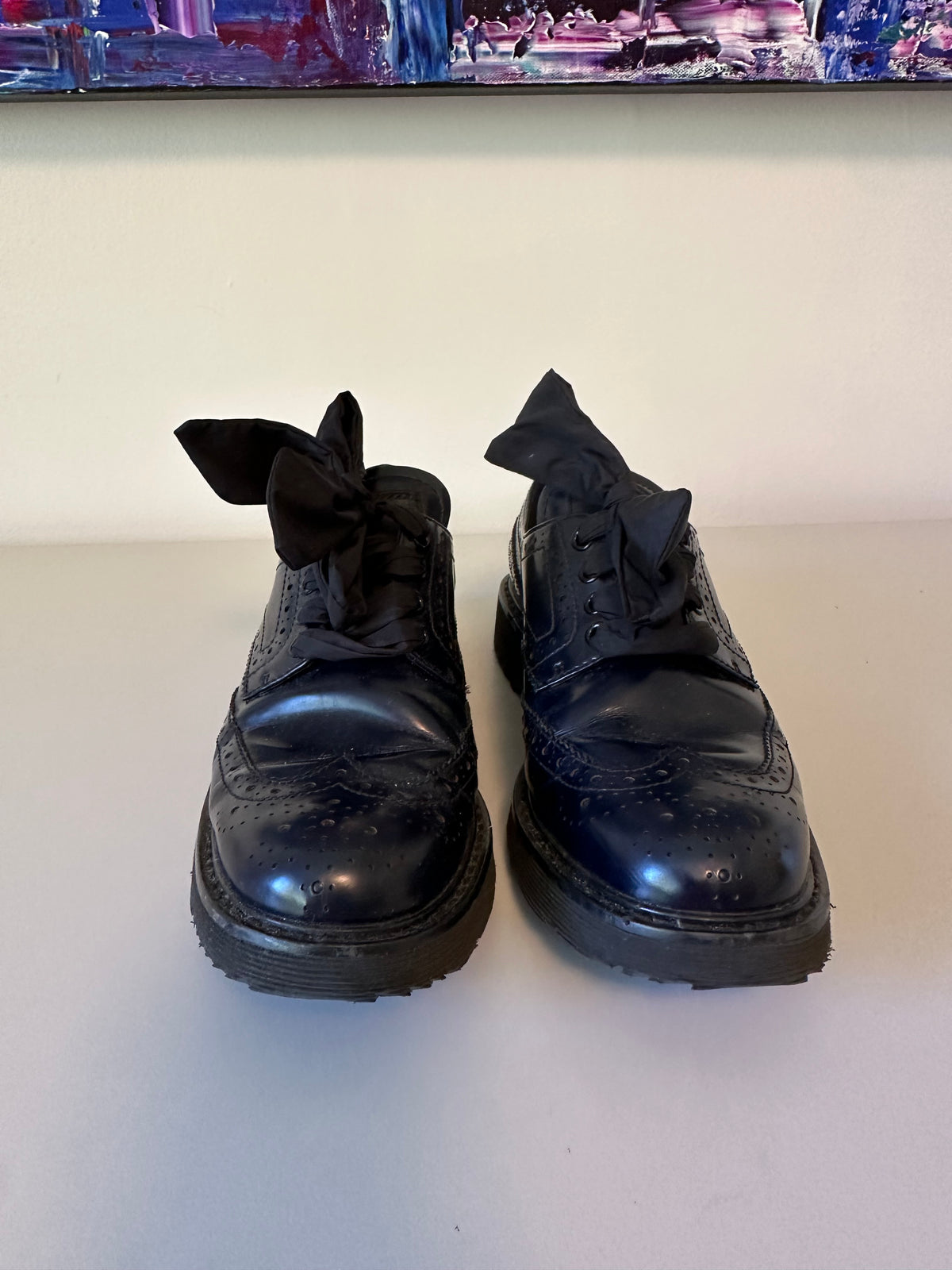 Prada Navy Blue Spazzolato Leather Ribbon Lace Wingtip Brogues | Size 37.5