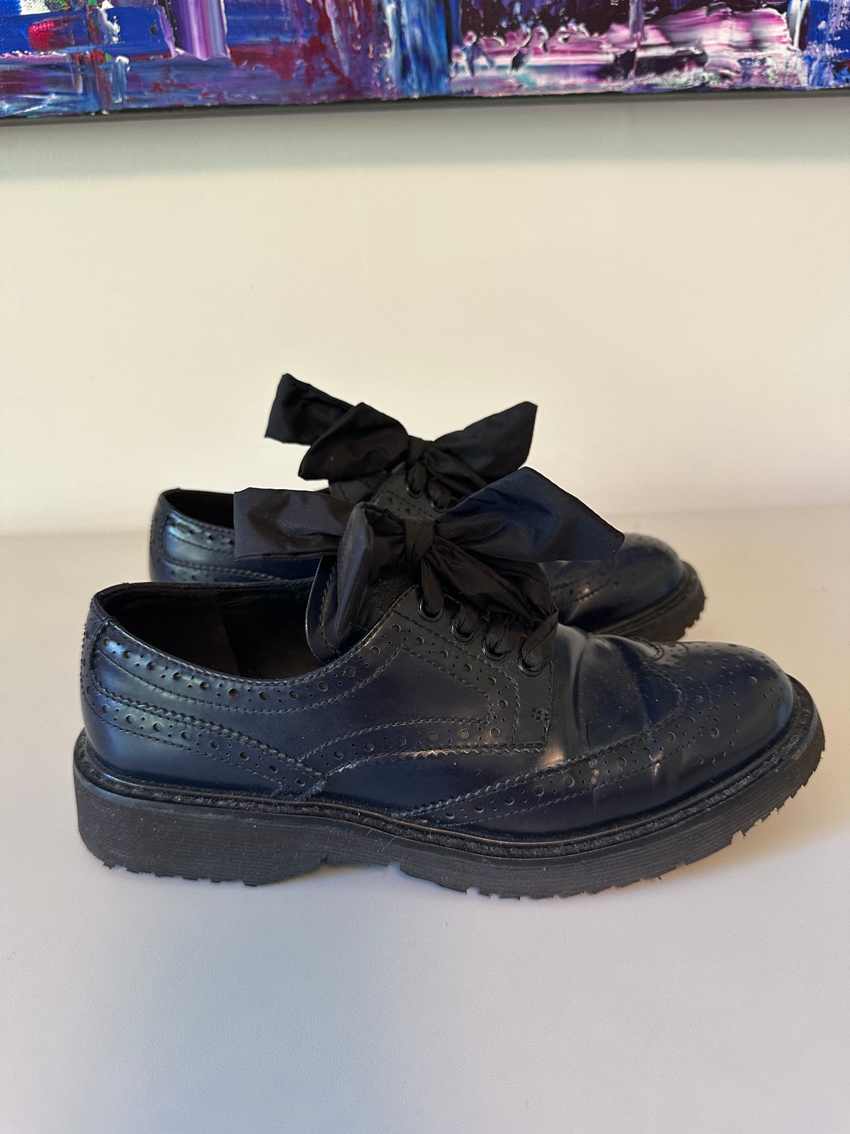 Prada Navy Blue Spazzolato Leather Ribbon Lace Wingtip Brogues | Size 37.5