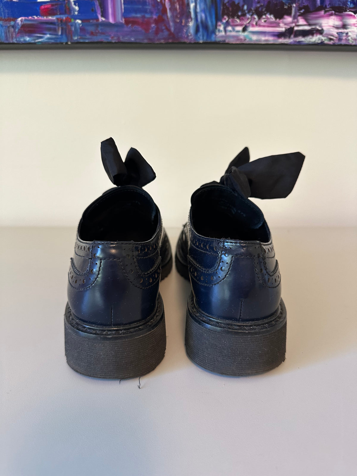 Prada Navy Blue Spazzolato Leather Ribbon Lace Wingtip Brogues | Size 37.5