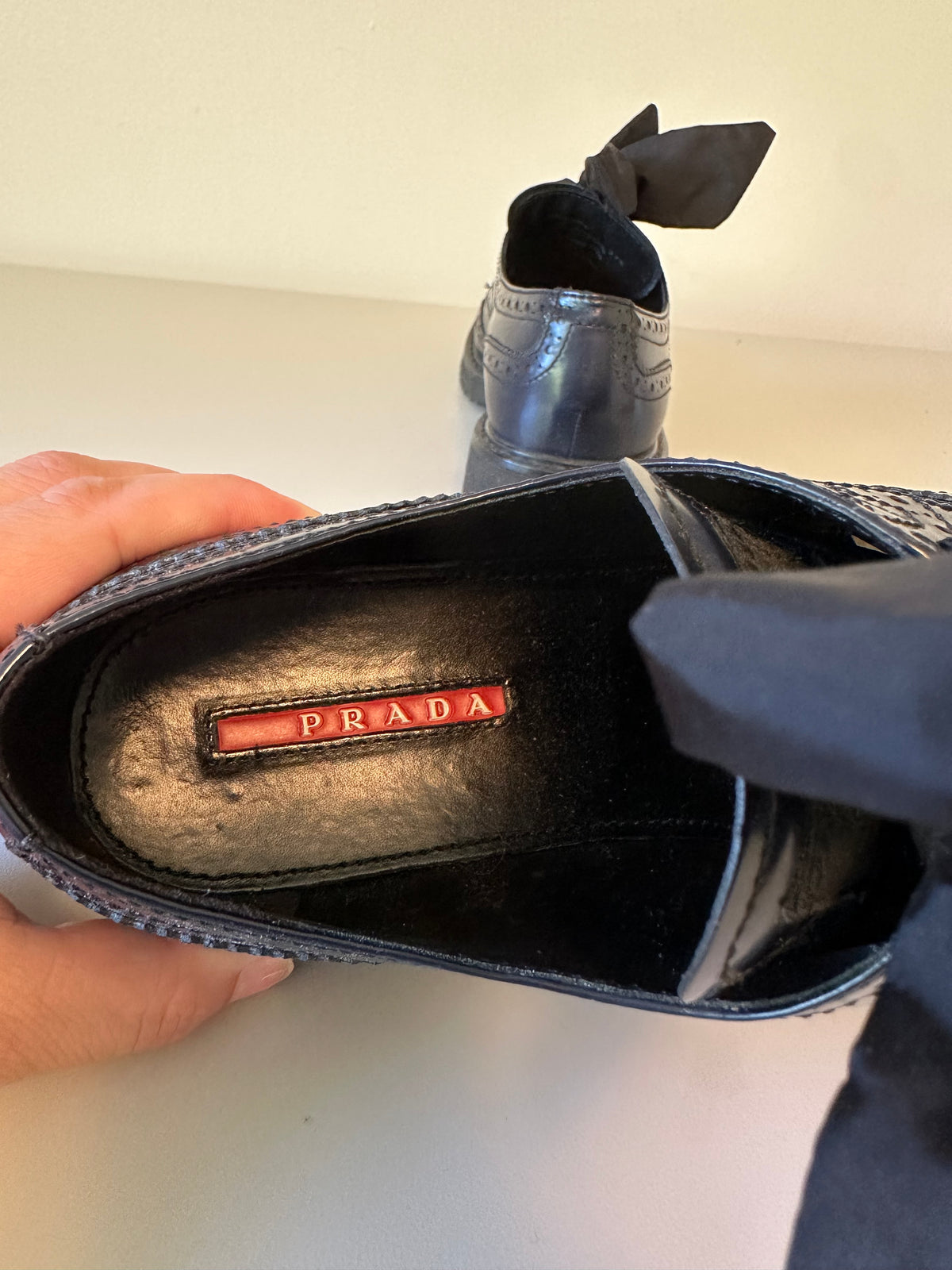 Prada Navy Blue Spazzolato Leather Ribbon Lace Wingtip Brogues | Size 37.5