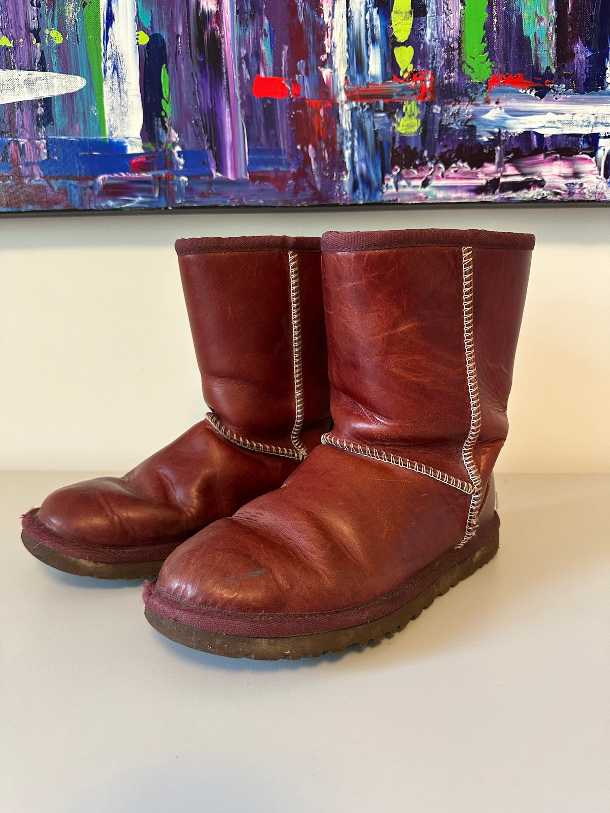 UGG Australia Classic Short Bomber Burgundy Leather Boots | Size 6