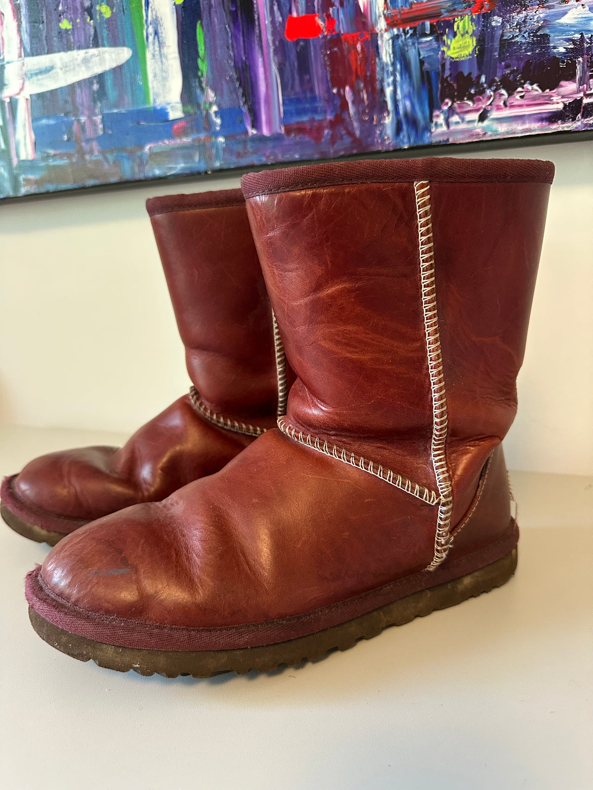 UGG Australia Classic Short Bomber Burgundy Leather Boots | Size 6