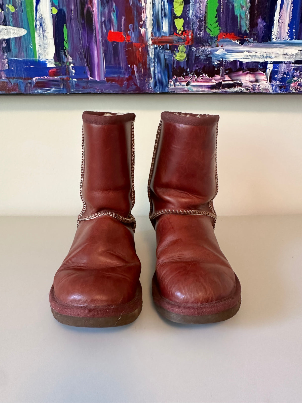 UGG Australia Classic Short Bomber Burgundy Leather Boots | Size 6