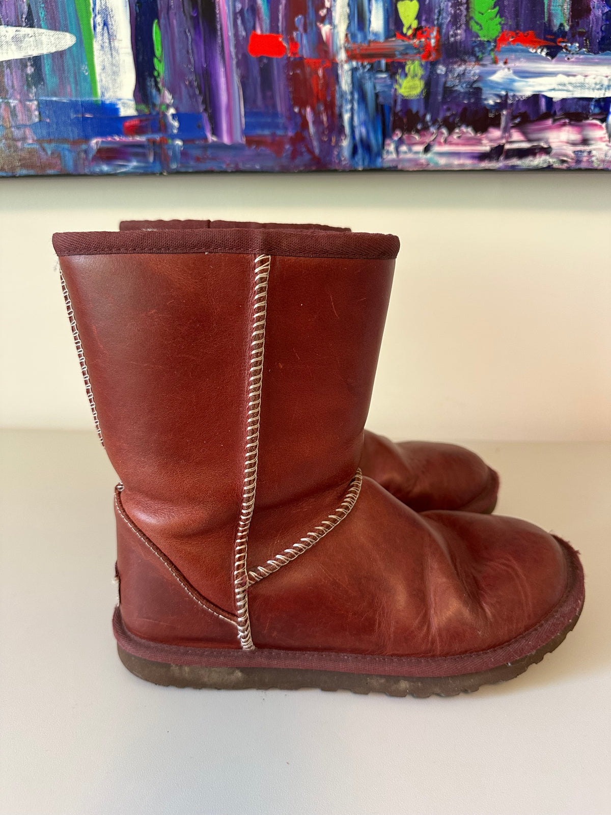 UGG Australia Classic Short Bomber Burgundy Leather Boots | Size 6